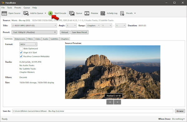 Start Mov Encoding In Handbrake