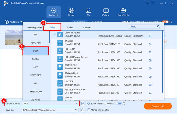 Choose Mov As Output Format Anymp4