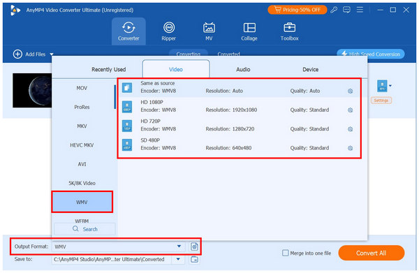 Anymp4 Video Converter Ultimate Output Format Wmv