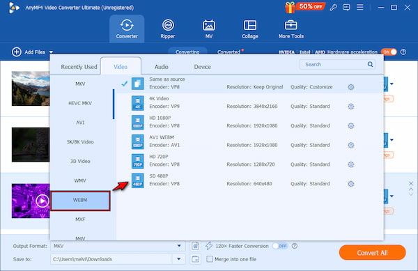 Select WebM As Output