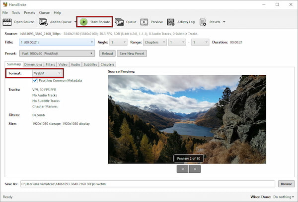 Start WebM Encoding In HandBrake