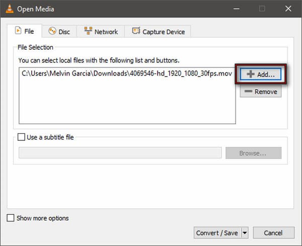 Open Media Window To Load Mov In Vlc