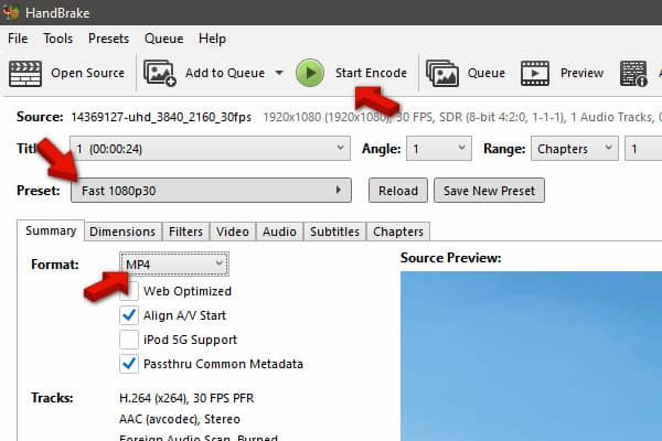 Transcode MPG to MP4 in HandBrake
