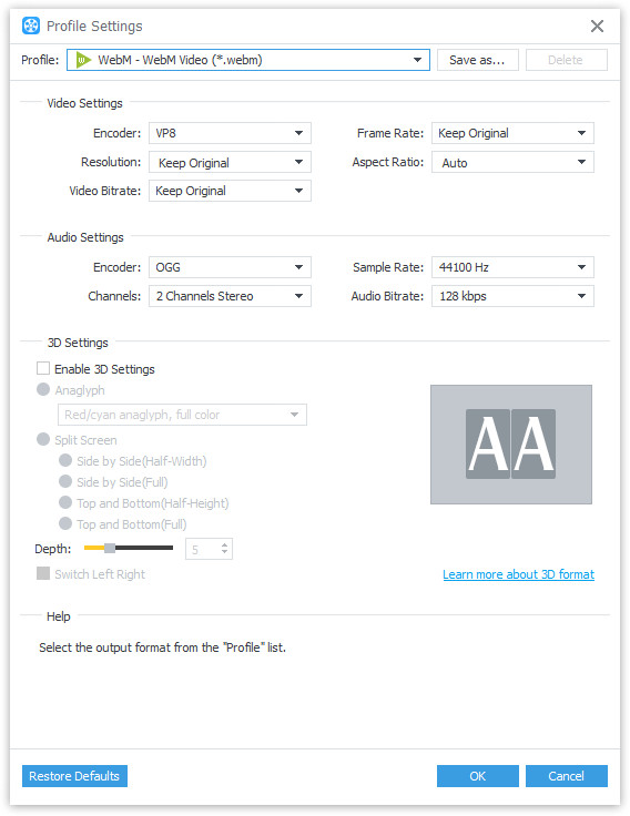 Define the output settings