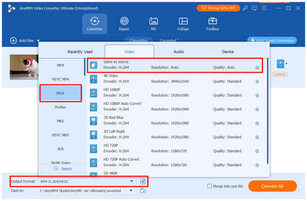 AnyMP4 Video Converter Ultimate Output MOV