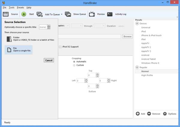 Selección de archivo de origen de HandBrake