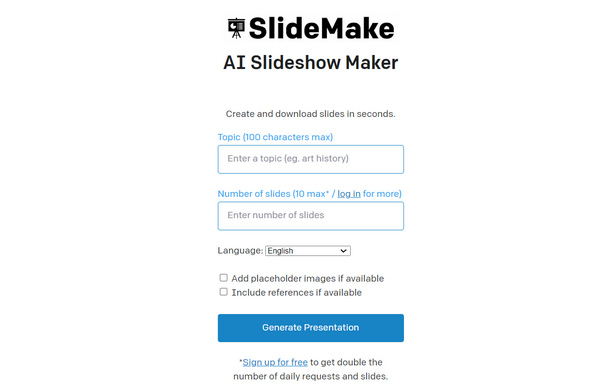 Interface do site SlideMake