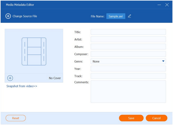 AnyMP4 Video Converter Ultimate interfaz del editor de metadatos multimedia en blanco