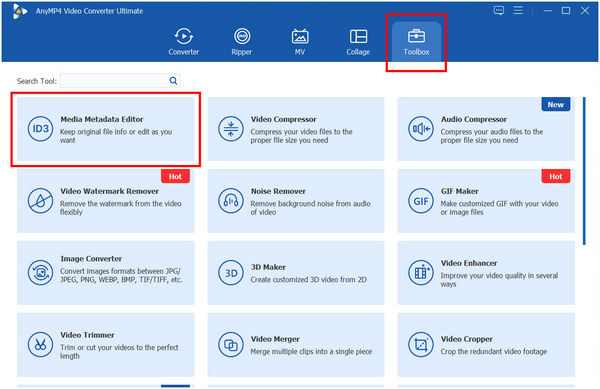 AnyMP4 Video Converter Ultimate casella degli strumenti per l'editor di metadati multimediali