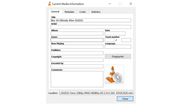 Interfaccia dell'editor dei tag di VLC Media Player