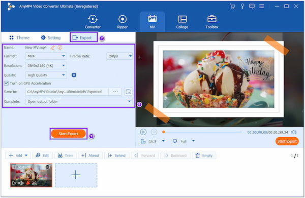 Esportazione di AnyMP4 Birthday Video Maker