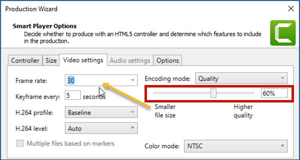 Personalize as configurações para compactar o vídeo no Camtasia