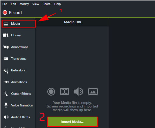 Importe um vídeo para o Camtasia para compactar