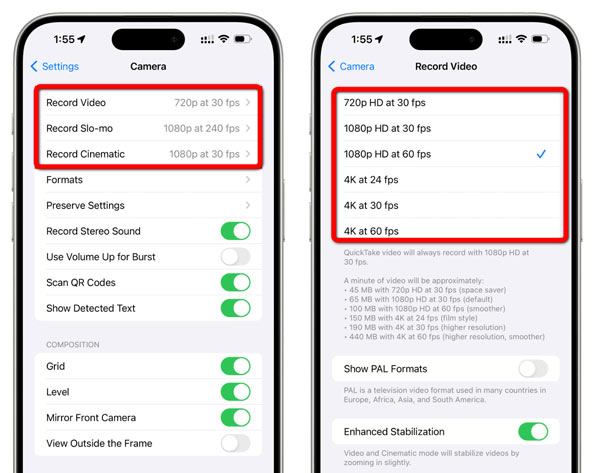 Change Camera Video Settings