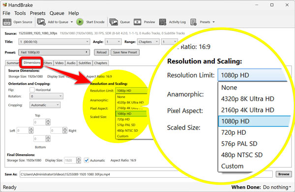 Change Output Video Dimension In Handbrake