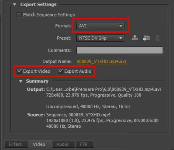 Export Video and Export Audio box