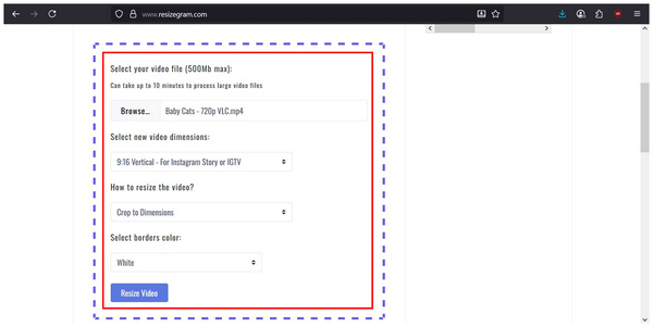 Online Tools Resizegram Video Settings