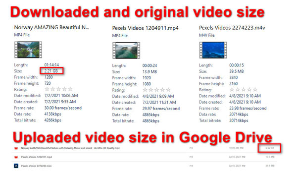 Google Driven videokoko verrattuna alkuperäiseen videon kokoon