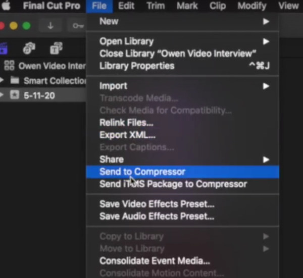 Send gjeldende video til Final Cut Pro Compressor