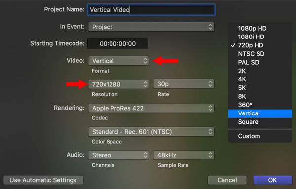 Vytvořte nový projekt ve Fincal Cut Pro