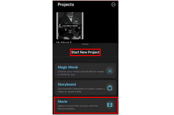 iPhone iMovie iniciar novo projeto