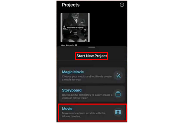 iPhone iMovie Yeni Projeye Başla
