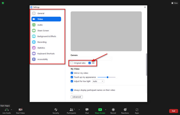 Zoom Video HD Setting