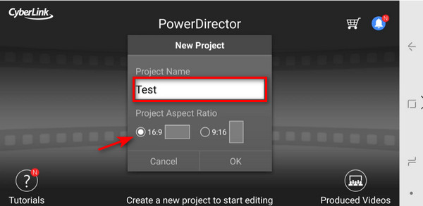 PowerDirector-projektin nimen kuvasuhde