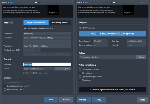 Configuración de salida de Bandicut