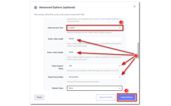 Configurações de tamanho de tela do FreeConvert