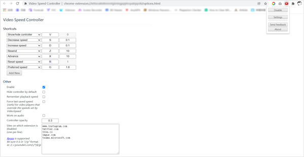 Chrome Video Speed ​​Controller beállításai