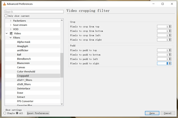 VLC Advanced Preferences -videon rajaus