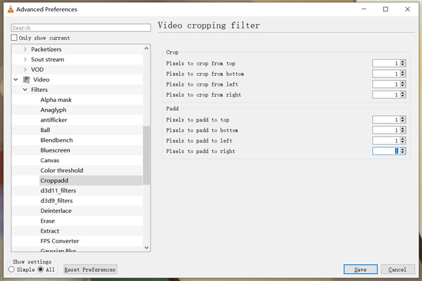 VLC Gelişmiş Tercihler Video Kırpma