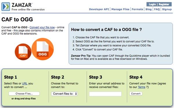 Konvertera CAF till OGG Zamzar